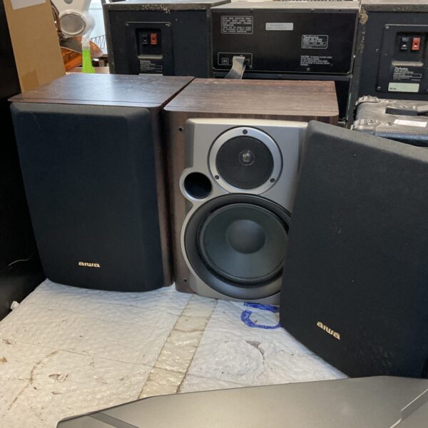Vintage Aiwa XS-NAV95 bookshelf speakers in dark woodgrain finish.