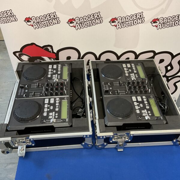 Pair of American Audio CK-800 CDJ players for professional DJ use.