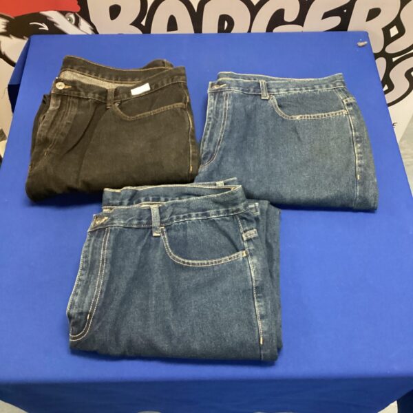 Three pairs of men's jeans in a lot for sale.