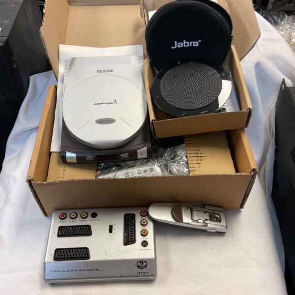 Philips Jackrabbit DVD player and Jabra Speak 410 speakerphone lot.