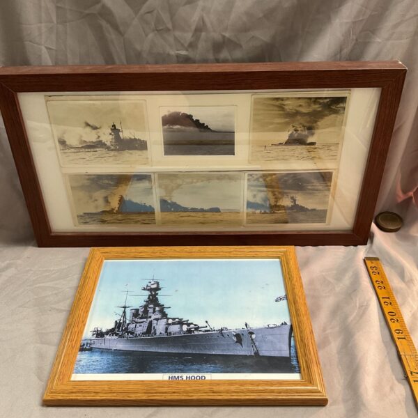 Vintage collage of photographs showing HMS Exeter engaging the Graf Spee.