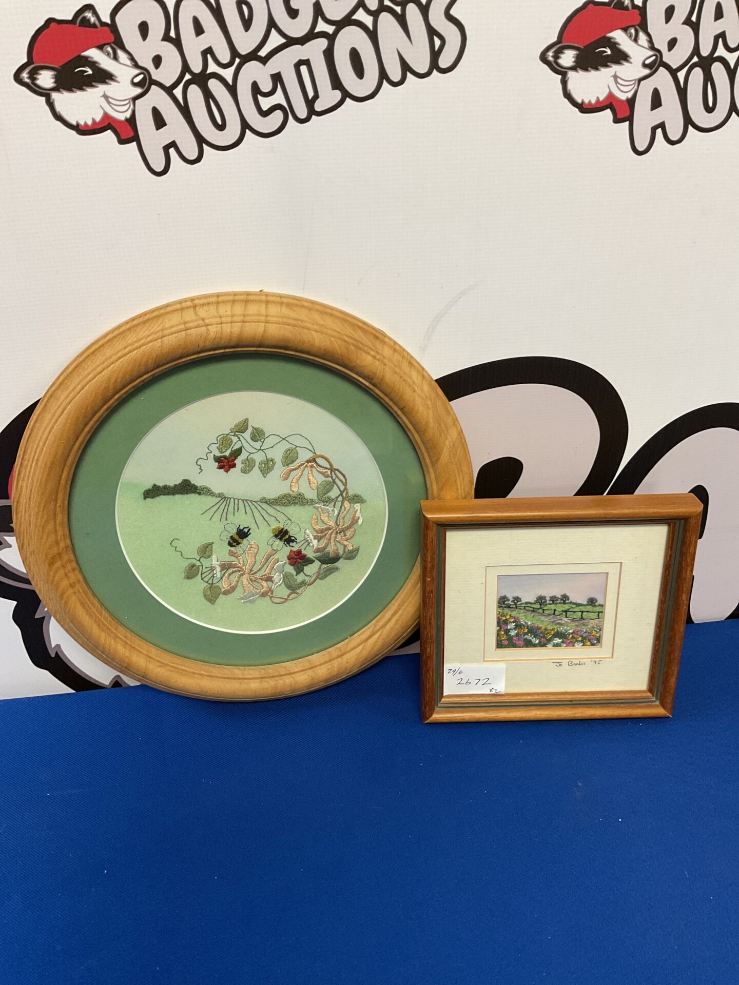615 Two framed embroideries including jo banks