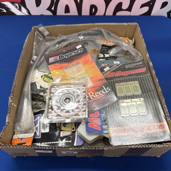 Tray of assorted Boyesen motorcycle parts and engine spares.