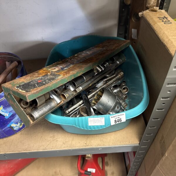 Assorted vintage socket set in a tub, ideal for collectors.