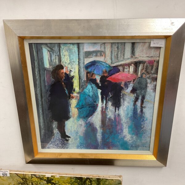 Vibrant pastel painting of a rainy street scene by Anne Swankie.