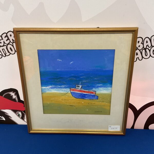 Vibrant N Canning oil painting of a boat on the beach.