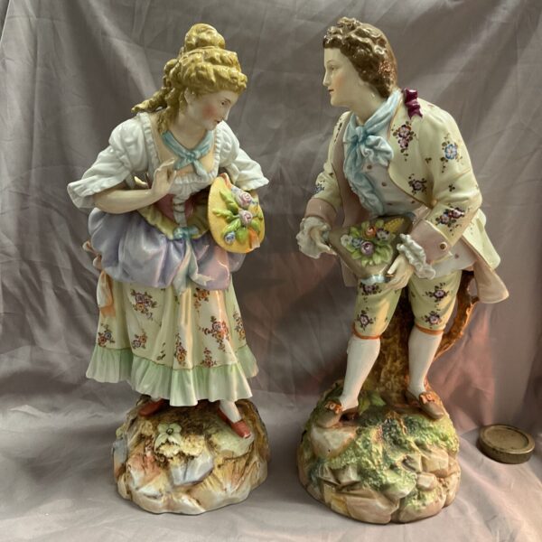 Antique Sitzendorf porcelain courtship figures, a gallant and maiden.