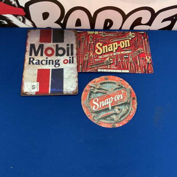 Reproduction garage signs featuring Snap On and Mobil logos for vintage decor.