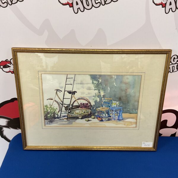 E Pearce watercolour painting of a vintage bicycle and chair.