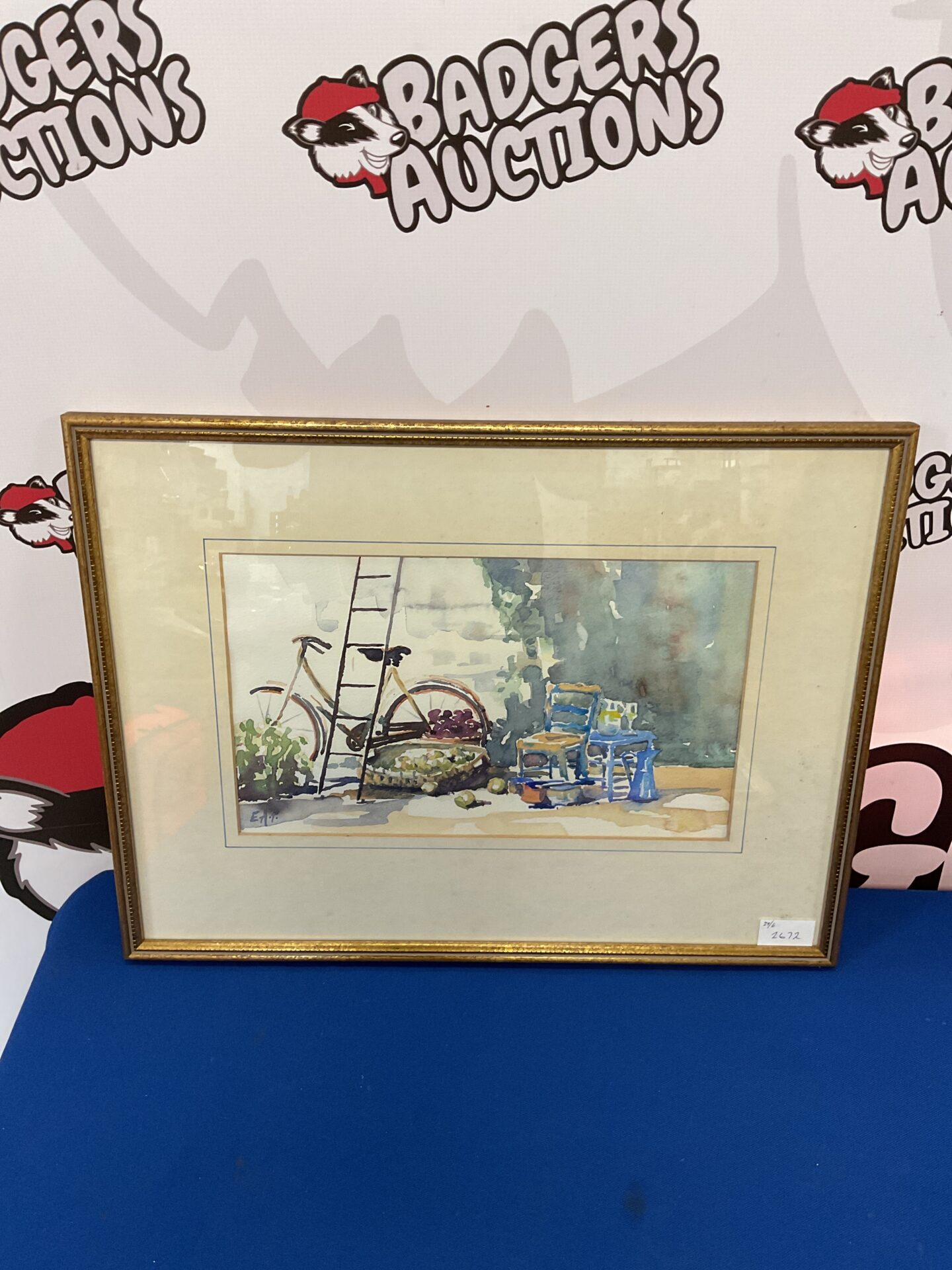 708 E a pearce still life watercolour of bicycle & chair