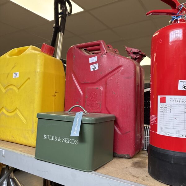 Vintage metal jerry can with seeds storage tin for gardening.