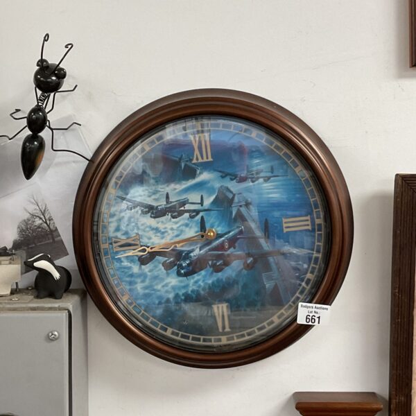 Detailed Bradford Exchange Dambusters wall clock depicting Lancaster bombers.