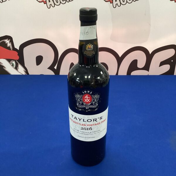 Bottle of Taylor's Late Bottled Vintage Port 2016 with label visible.