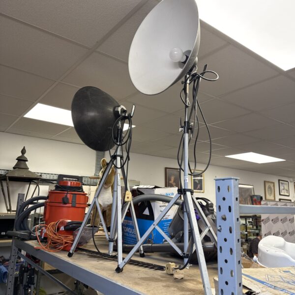 Vintage Photek studio tripod lights for photography and film.