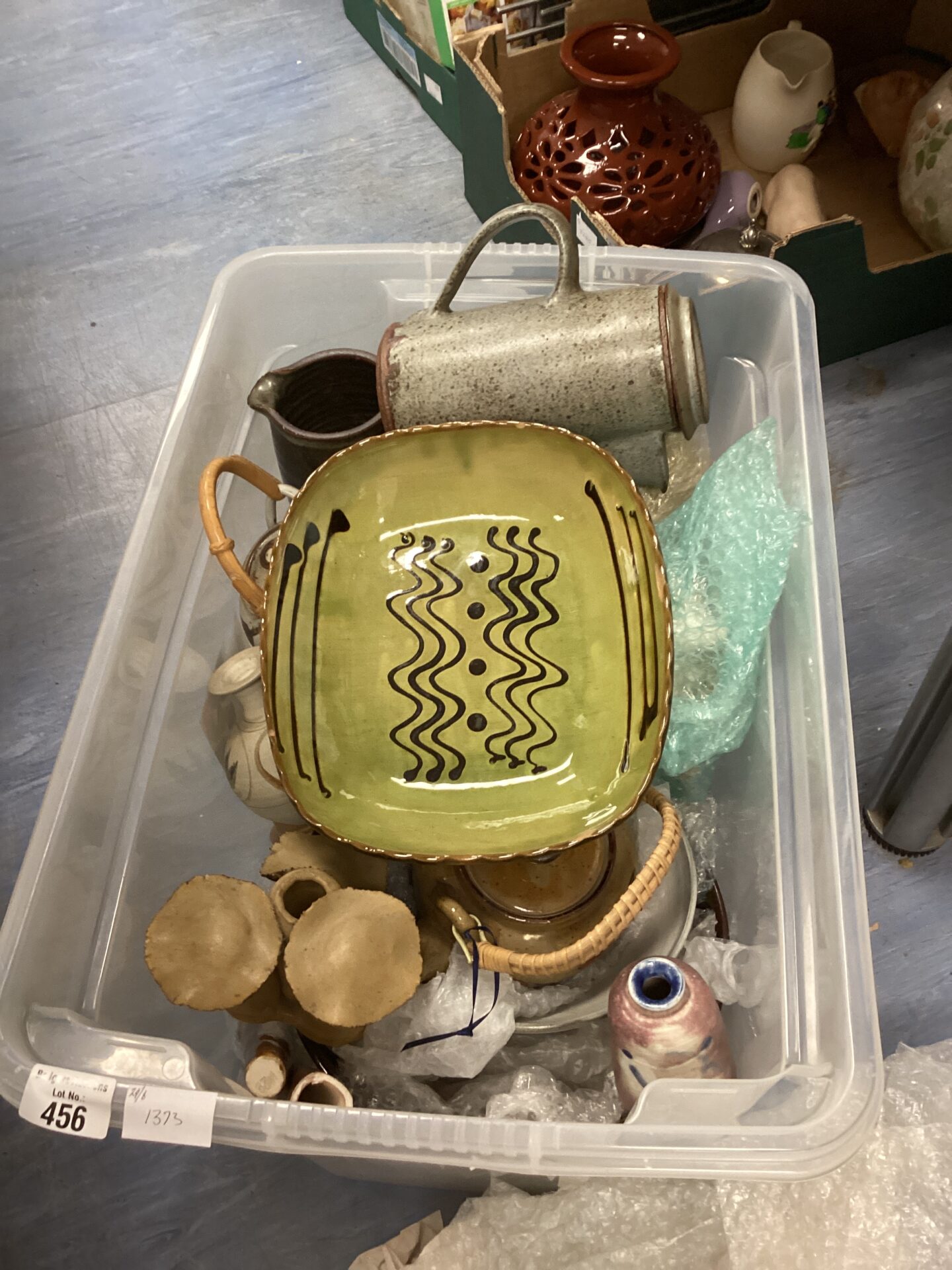 456 Box of hand glazed studio pottery inc Decorative slipware dish