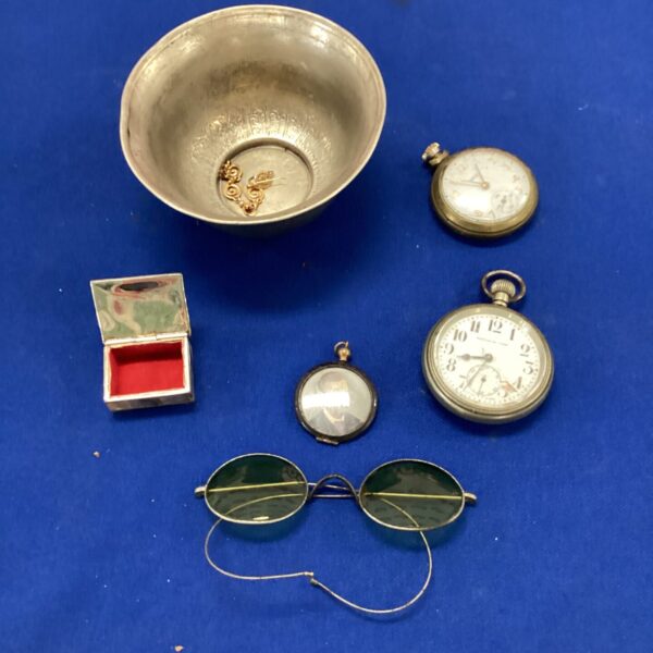 Antique pocket watch lot with silver dish and spectacles.