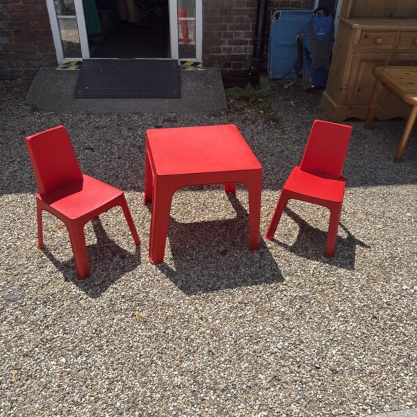 Red children’s plastic table and two chairs set for playroom use.