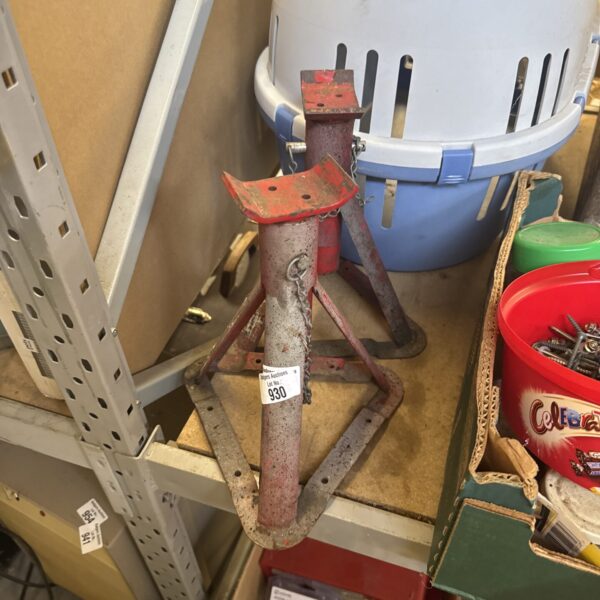Pair of used steel car axle stands for vehicle maintenance.