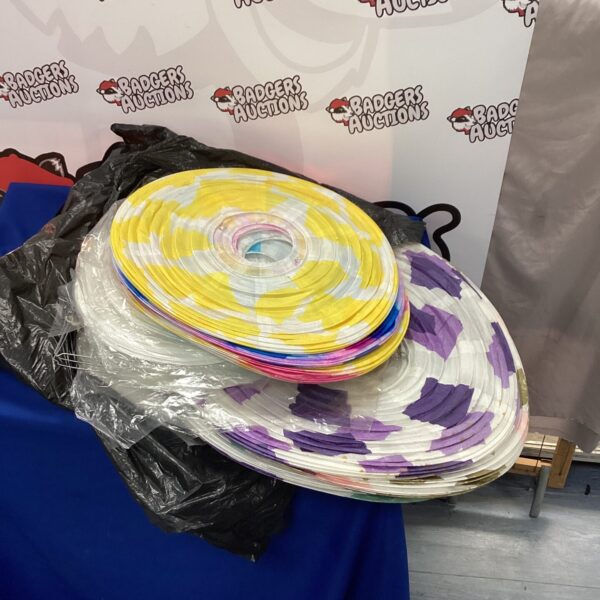 Large lot of colourful vintage paper lamp shades for home lighting.