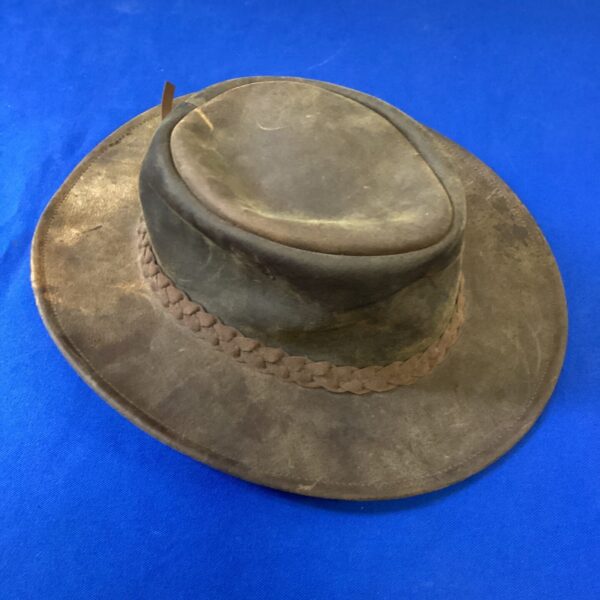 Front view of a worn Australian leather hat.