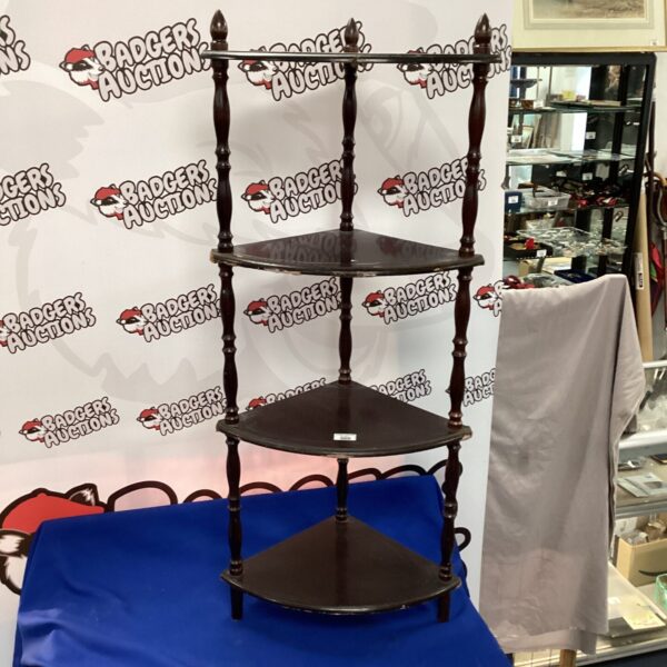 Antique Victorian darkwood whatnot with four tiers for display.