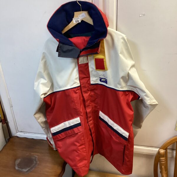 Vintage Douglas Gill sailing coat, model 526, in red, white, and blue.
