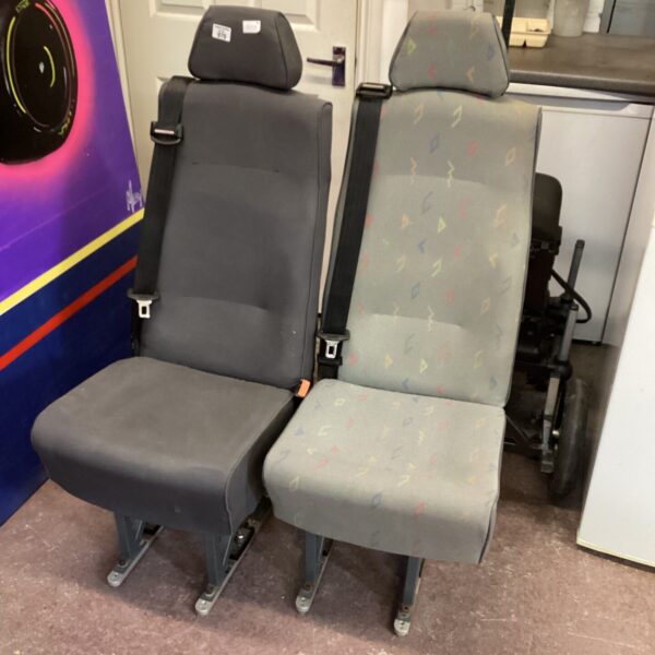 Pair of grey and blue van spare seats for vehicle conversion.