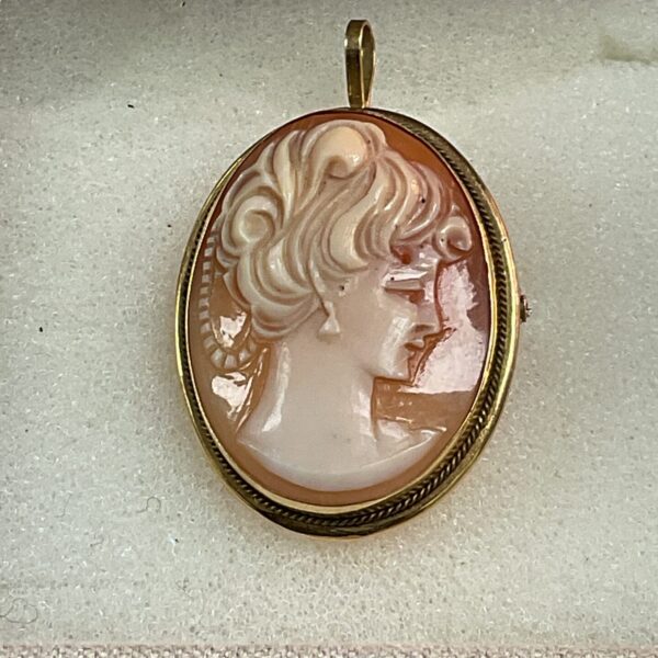 Vintage gold cameo pendant brooch with detailed carving.
