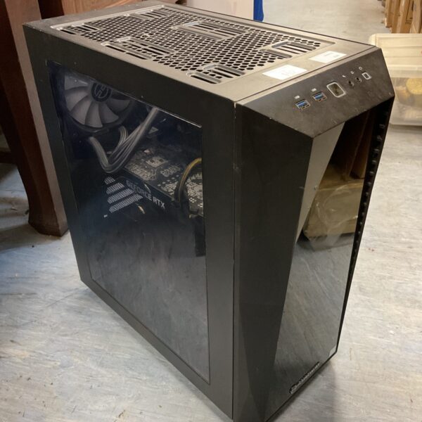 Black gaming PC with RTX graphics card for high performance gaming.