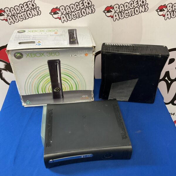 Black Microsoft Xbox 360 E gaming console for retro gaming.