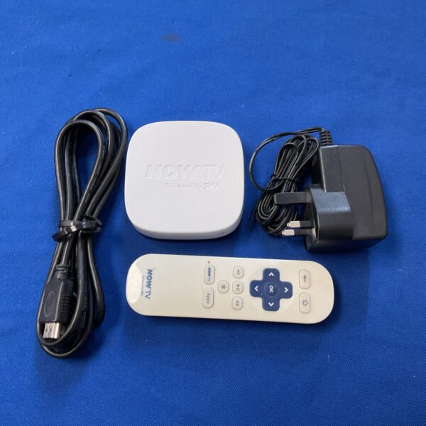 Now TV box with remote control and power adapter.