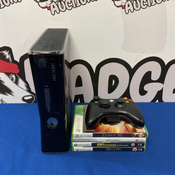 Microsoft Xbox 360 E console with included games.