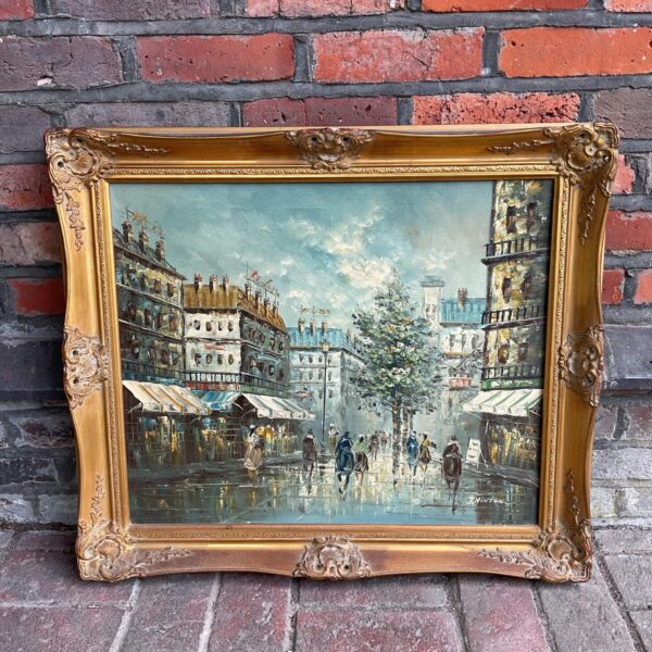 Vintage French street scene oil painting by J Hinton in gilt frame.