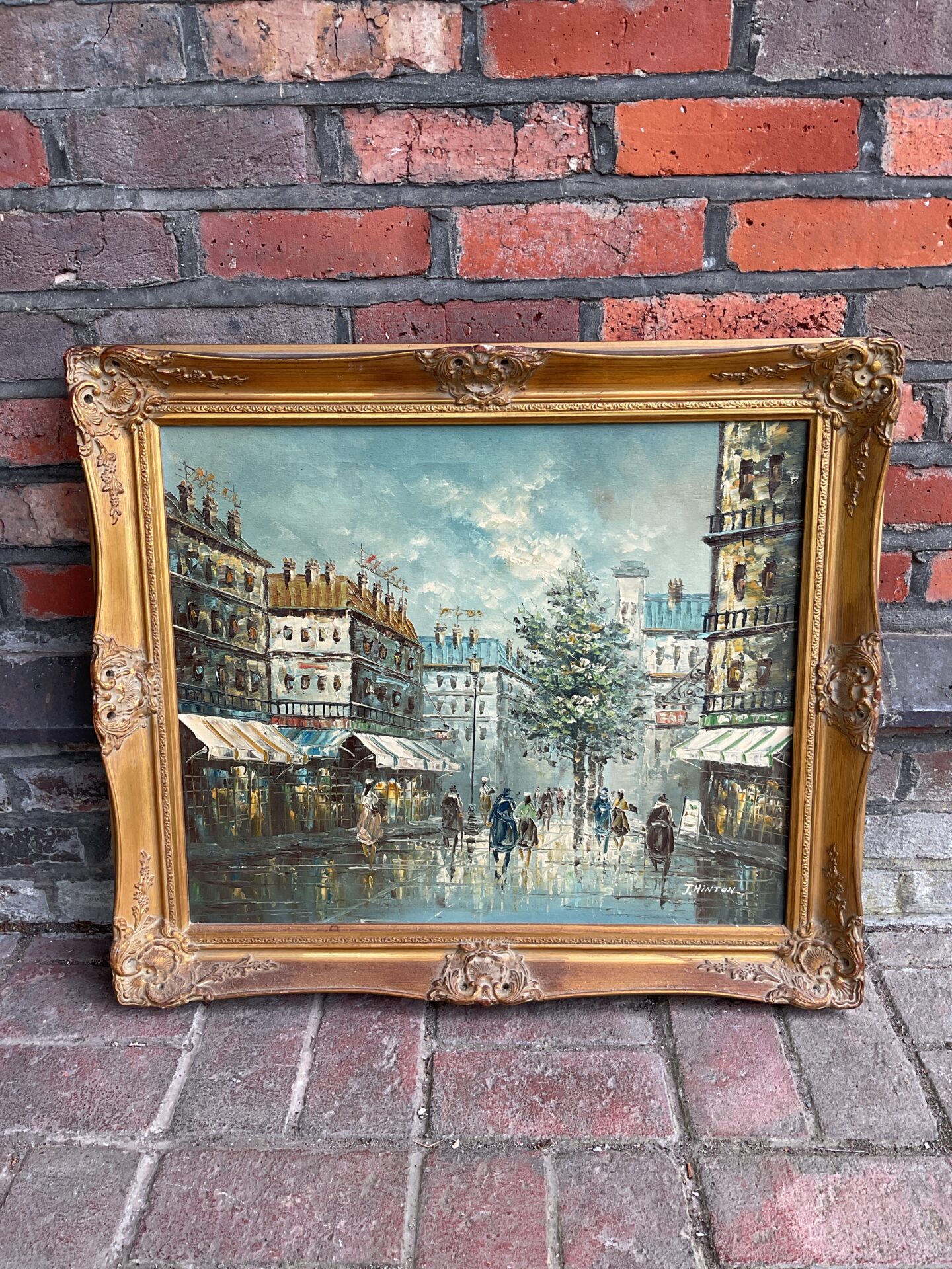 005 J hinton gilt framed oil painting of a french street scene