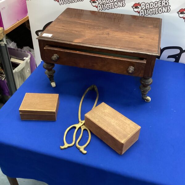 Antique Edwardian mahogany unit with coal tongs and cigar boxes.
