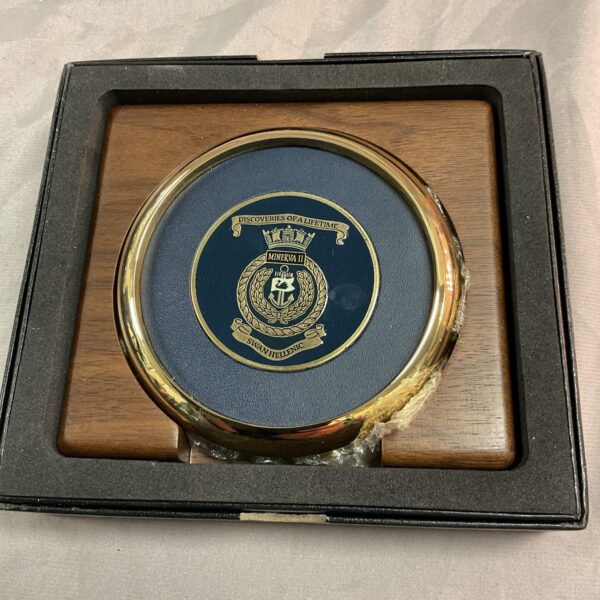 Vintage MV Minerva II Swan Hellenic brass enamel coasters, cruise ship collectible.