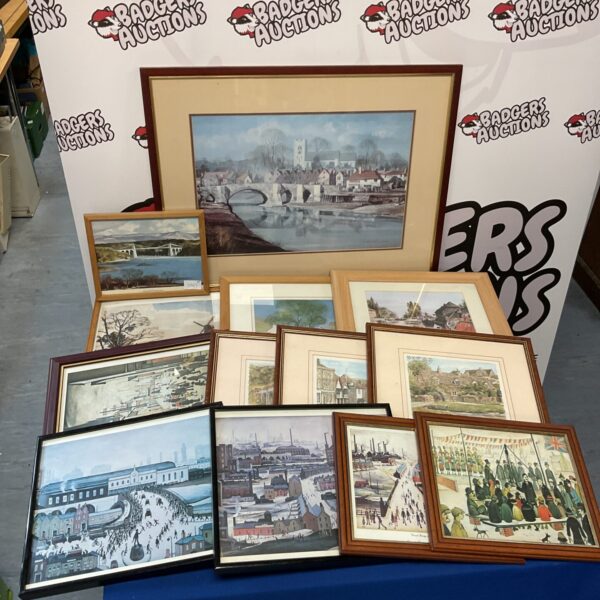 Collection of framed vintage prints including L.S. Lowry artwork.