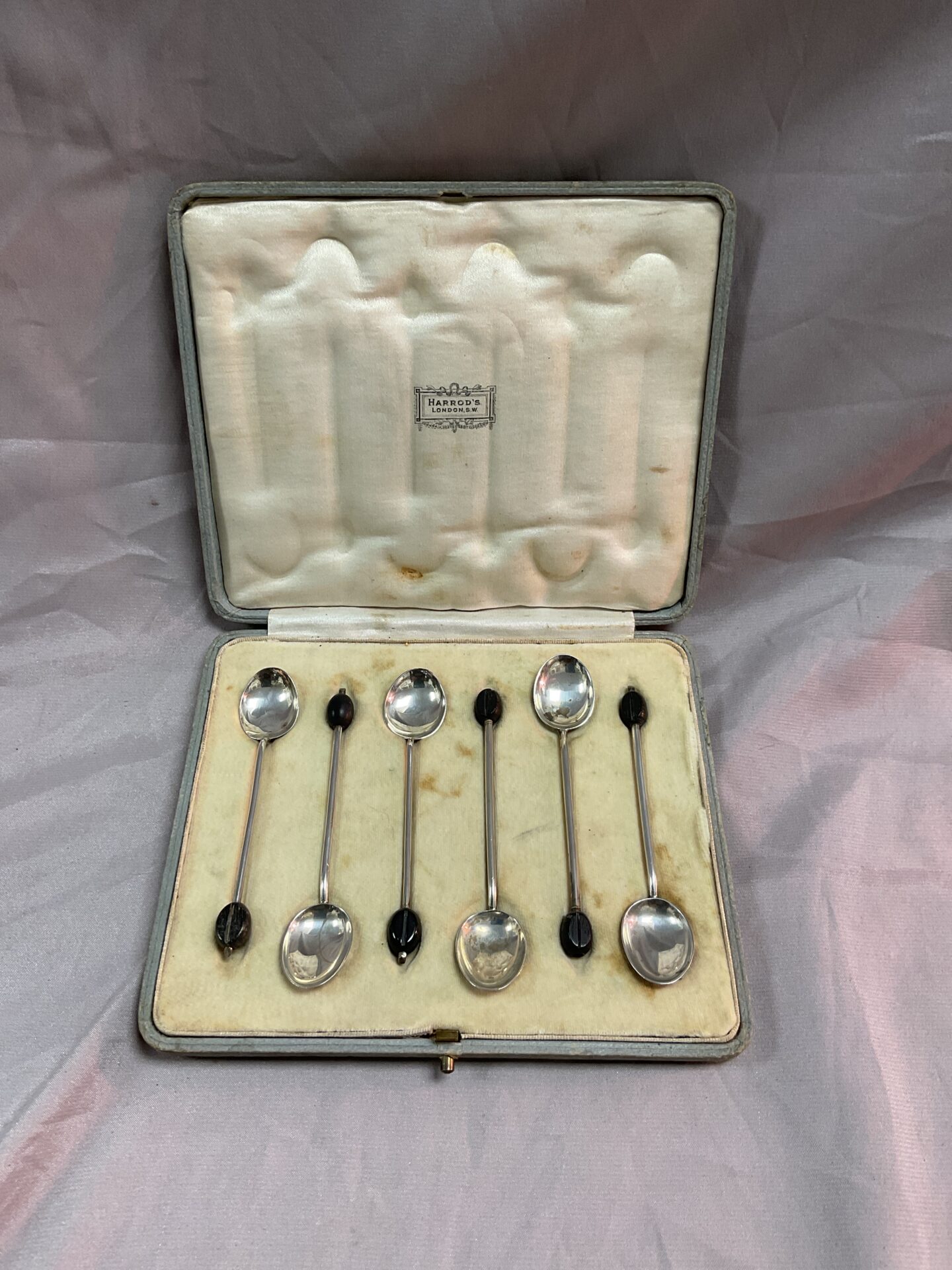 783 Set of hallmarked Sterling silver Harrods coffee bean spoons in case