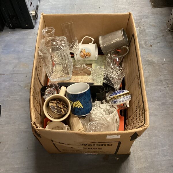 Mixed house clearance lot with crystal glasses and Batman mug.