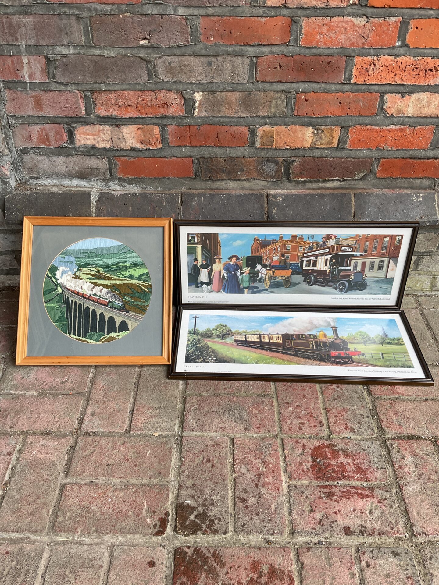 634 Pair of national railway steam train prints & embroidery