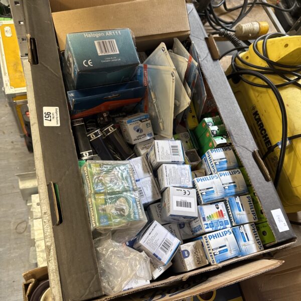 Assorted light bulbs in original packaging, including halogen AR111 bulbs.