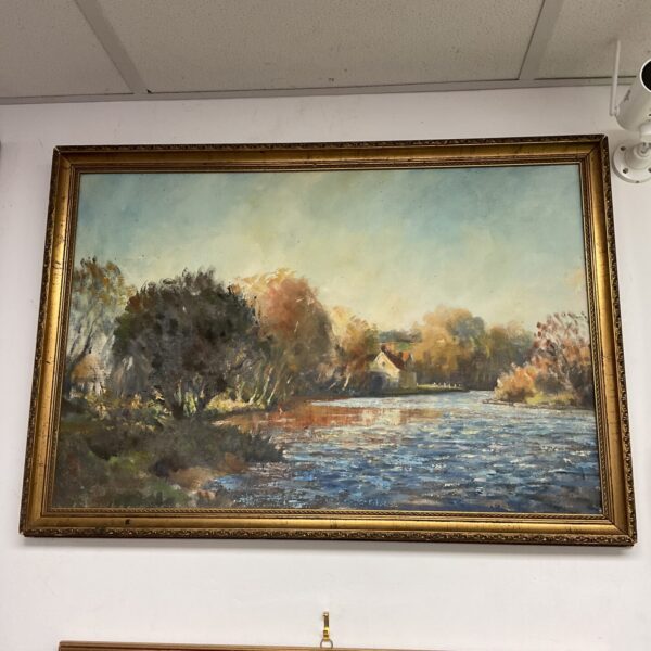 Tranquil river cottage oil painting signed by artist Vardy.