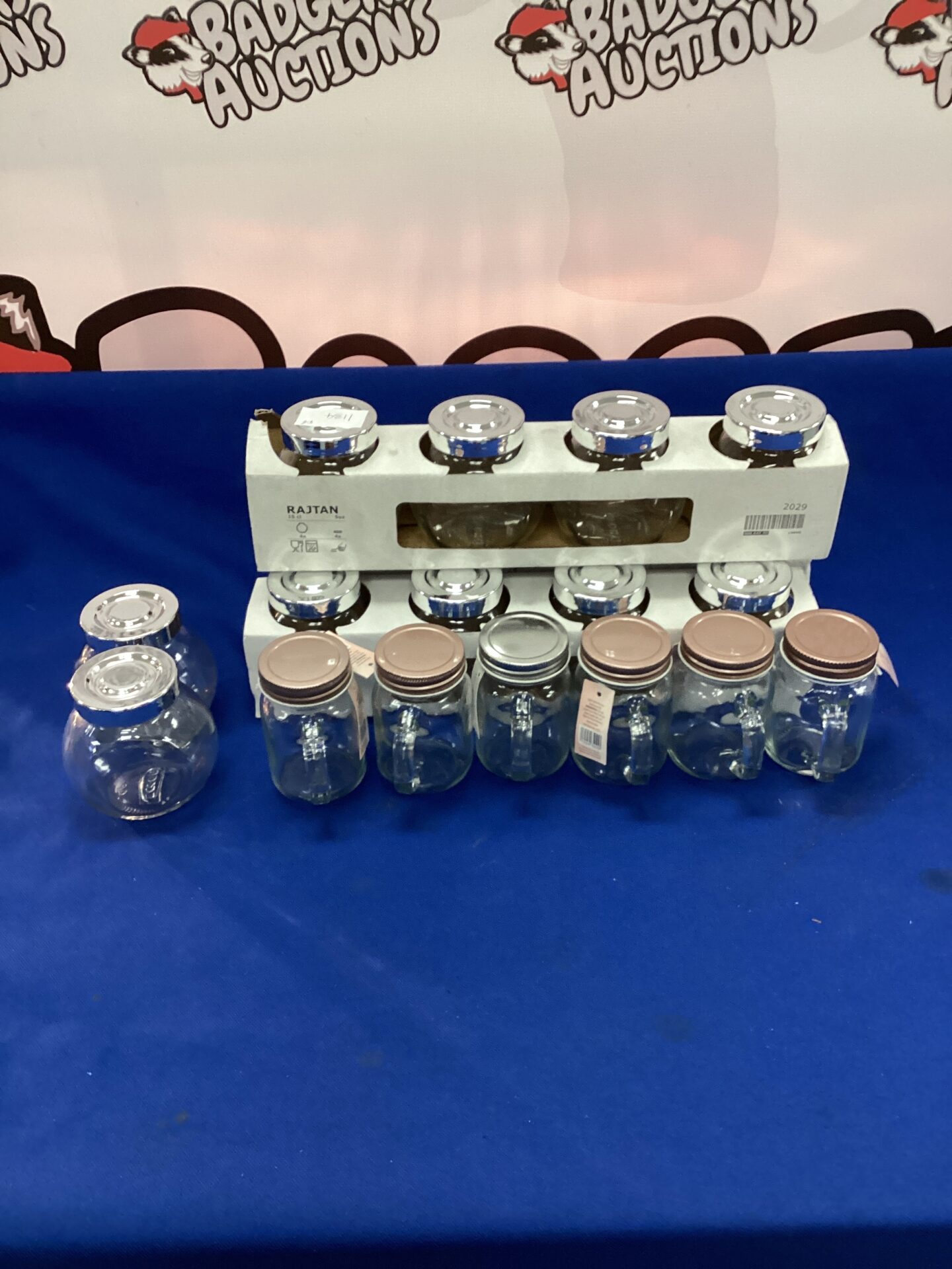 439 Three boxes of rajtan lidded jars & six mini mason jars