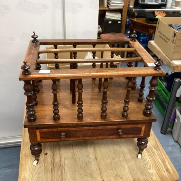 Antique 19th century walnut Canterbury with three divisions and drawer.