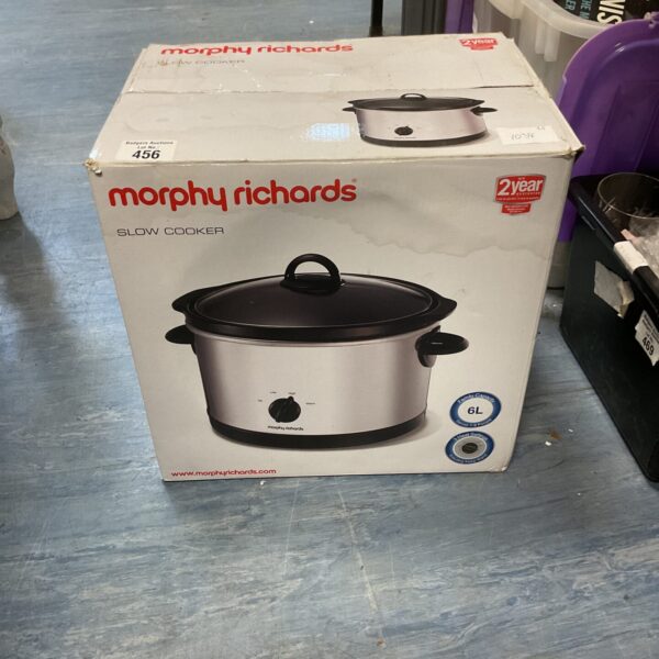 Boxed Morphy Richards slow cooker in original packaging.
