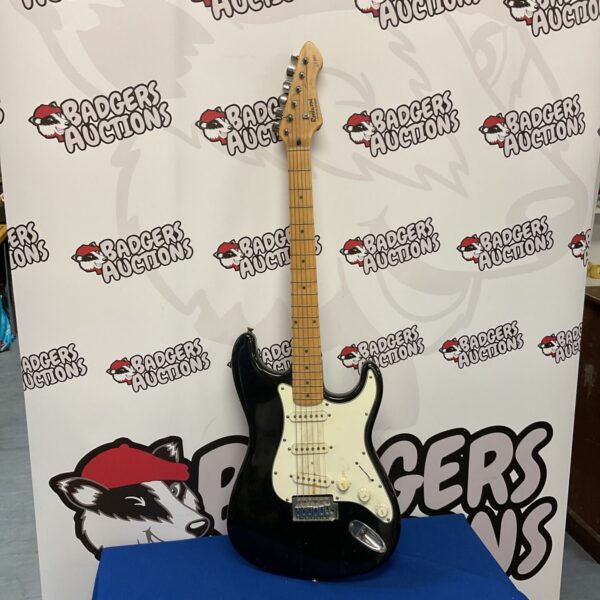 Black Rockwood electric guitar with single-coil pickups.