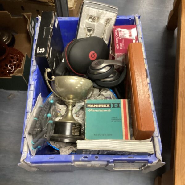 Mixed lot including Beats headphones, Hanimex Hanorama and a trophy.