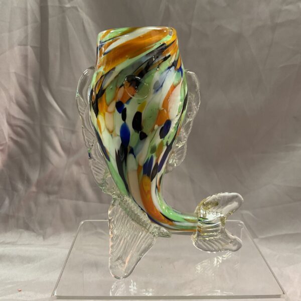 Vibrant Murano glass fish vase with colourful details.