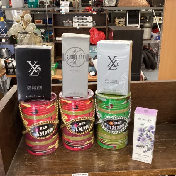 Colourful lot of new aftershaves and perfumes for collectors.