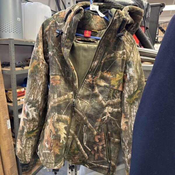 Camouflage thermal hunting jacket, size small, fleece lined for warmth.